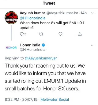 Honor8X-EMUI9.1-update-tweet