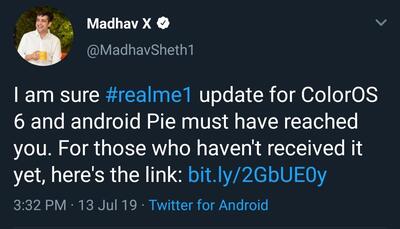 realme_1_pie_stable_update_madhav_tweet