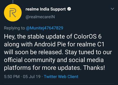 realme_c1_pie_update_support_tweet