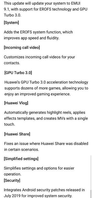 Huawei-Nova3-emui9.1-update-changelog