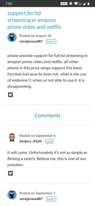 Asus 6Z Amazon Prime Full HD streaming support