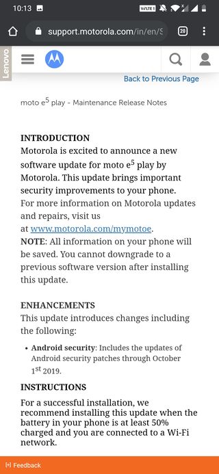 Moto e5 Play October update 
