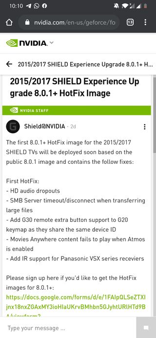 NVIDIA Shield legacy hotfix update