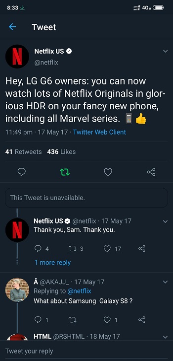 Netflix Tweeted announcing HDR support for LG G6.