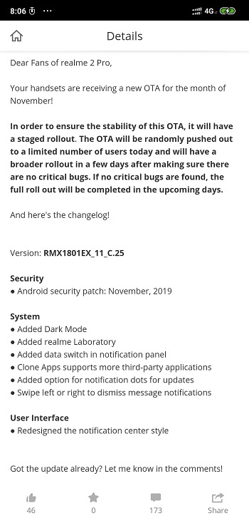 Realme 2 Pro November Update Changelog