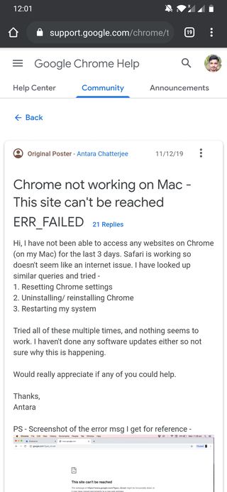 ERR_FAILED Google Chrome forum bug