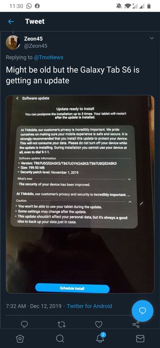 T-Mobile Samsung Galaxy Tab S6 November update