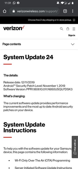 Verizon Galaxy Note 8 November patch
