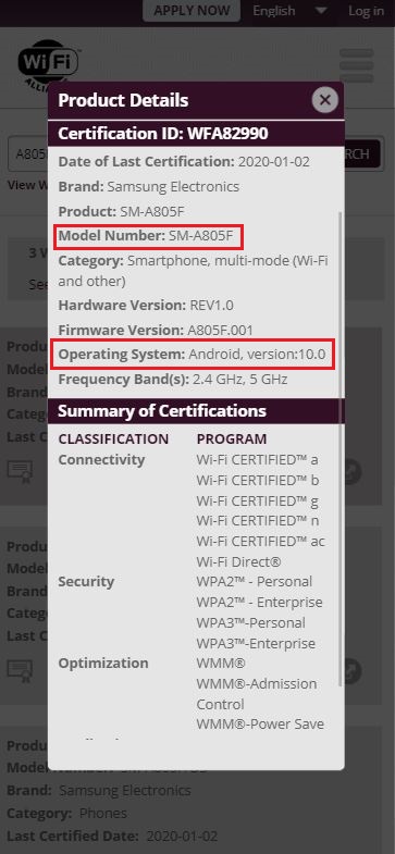 galaxy a8 wifi certification