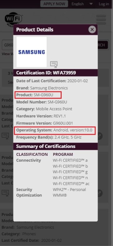 galaxy s9 wifi certification