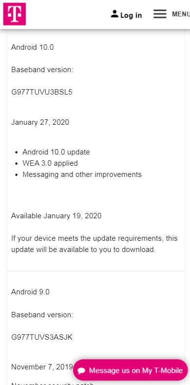 tmobile s10 5g android 10 update