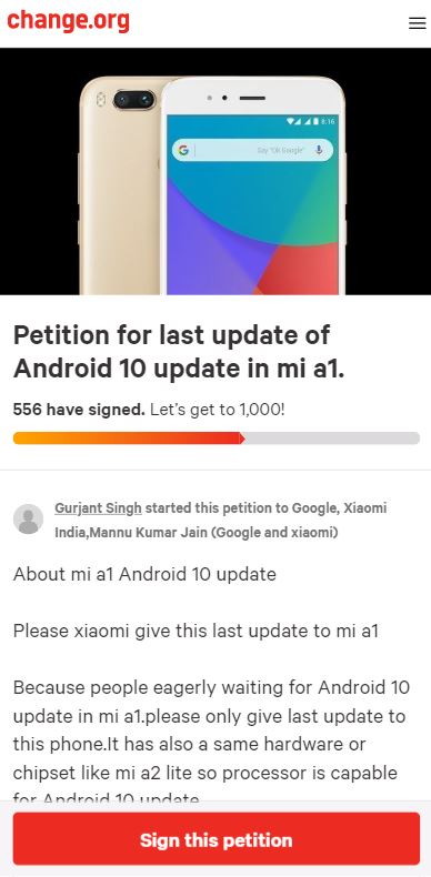 mi a1 android 10 petition