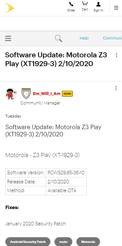 Sprint Moto Z3 Play Android 10 update seems distant as it gets January