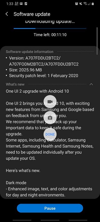 GalaxyA70s-android10-update