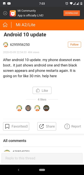Xiaomi Mi A2 Lite Android 10 Bootloop