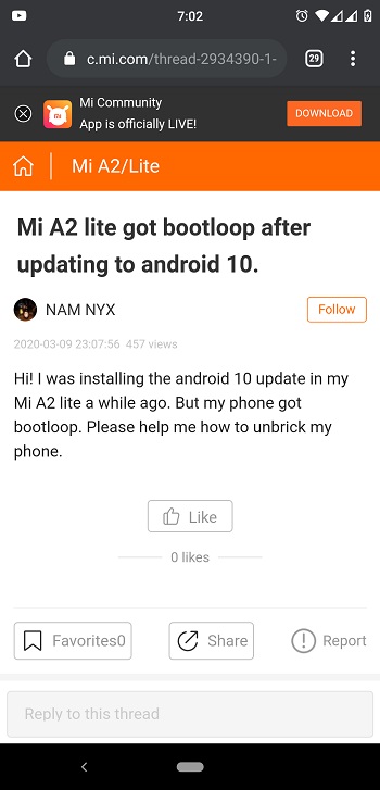 Xiaomi Mi A2 Lite Android 10 boot loop