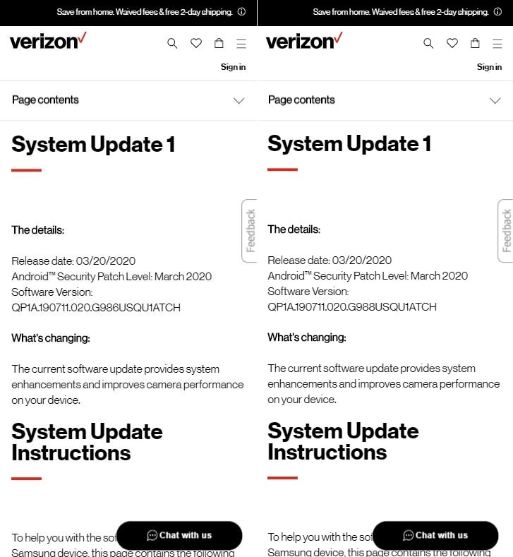 galaxy s20+ and s20 ultra 5g march update verizon