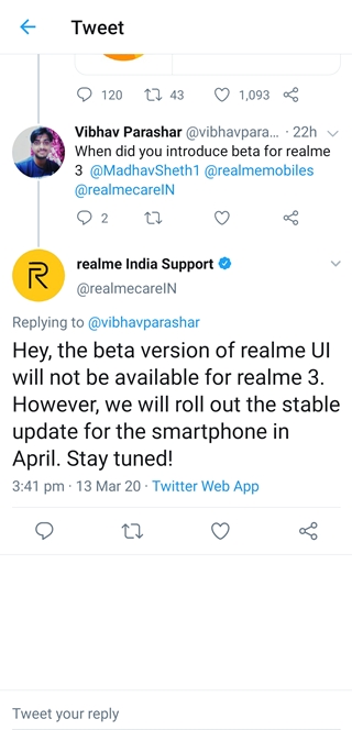 realme-3-android-10-beta-update-tweet