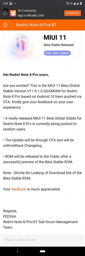 redmi note 8 pro globale stable beta