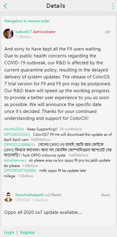 oppo f9 coloros 7 android 10 update delay