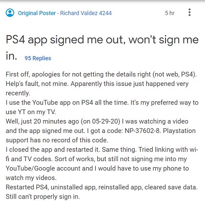 PS4 YouTube sign-in error