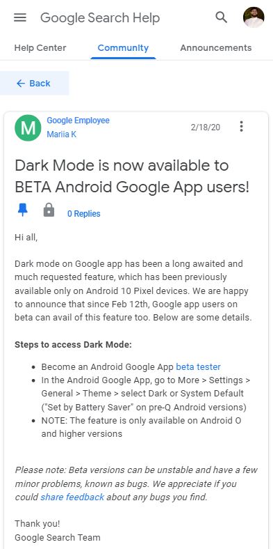 google app beta dark mode