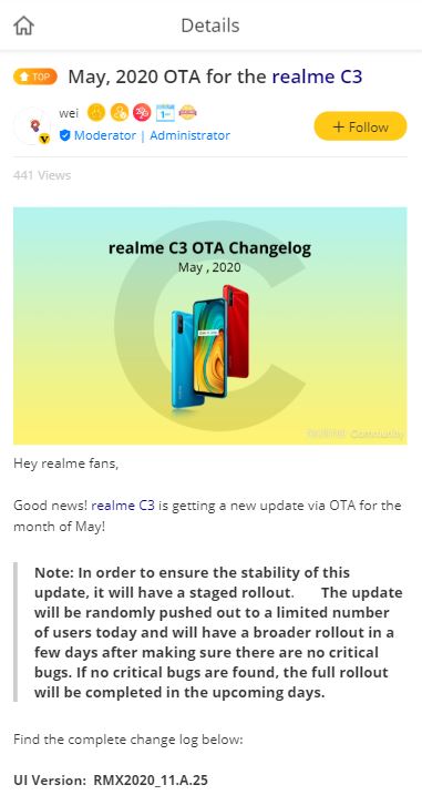 realme c3 may update