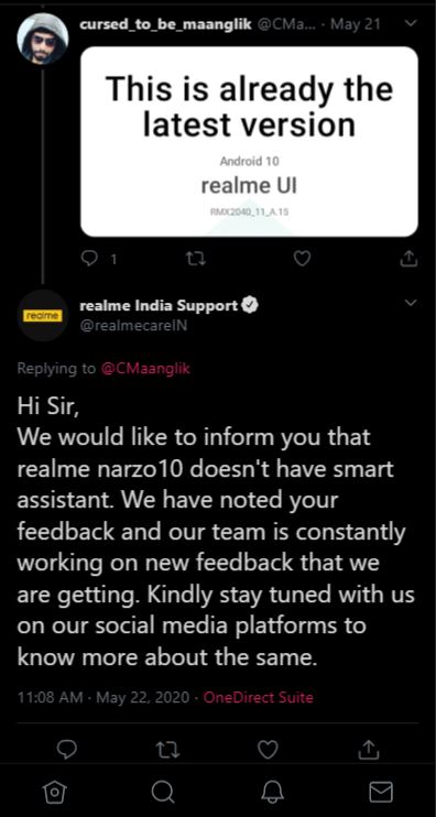 realme narzo 10 smart assistant missing