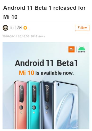android 11 beta 1 xiaomi mi 10 released