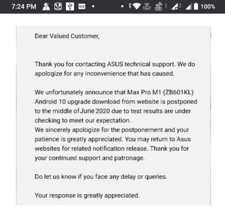 asus zenfone max pro m1 android 10 update delayed