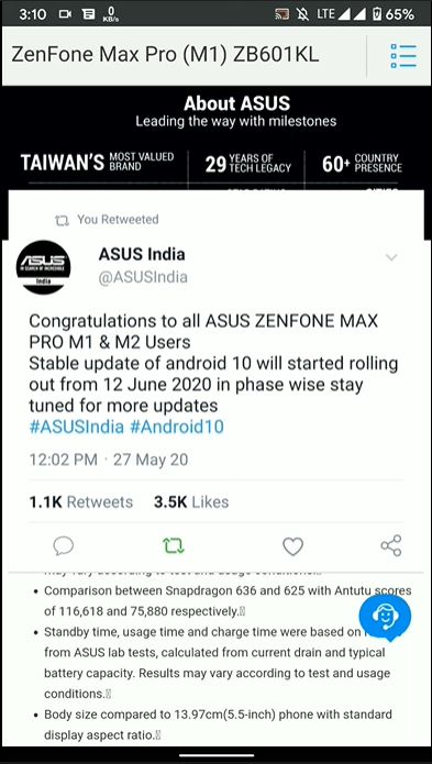 deleted zenfone max pro m1 android 10 tweet fake