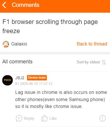 device team comment on poco f1 chrome freeze