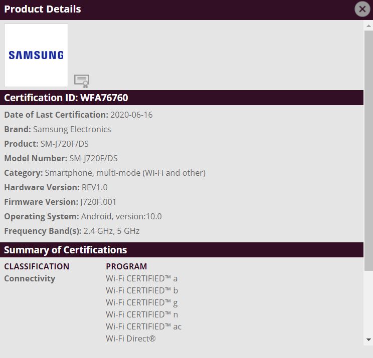 Samsung Galaxy J7 Duo Galaxy J8 Android 10 Update Looks Nearby Suggests Wifi Alliance Certification Piunikaweb