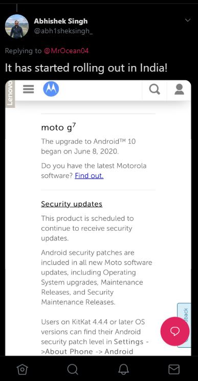 moto g7 android 10 india update