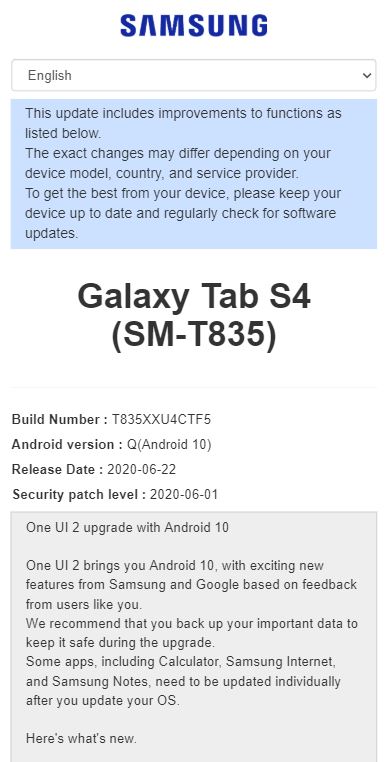 samsung galaxy tab s4 android 10 one ui 2.0