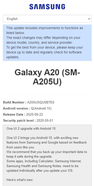 galaxy a20 us android 10 one ui 2.0 stable update