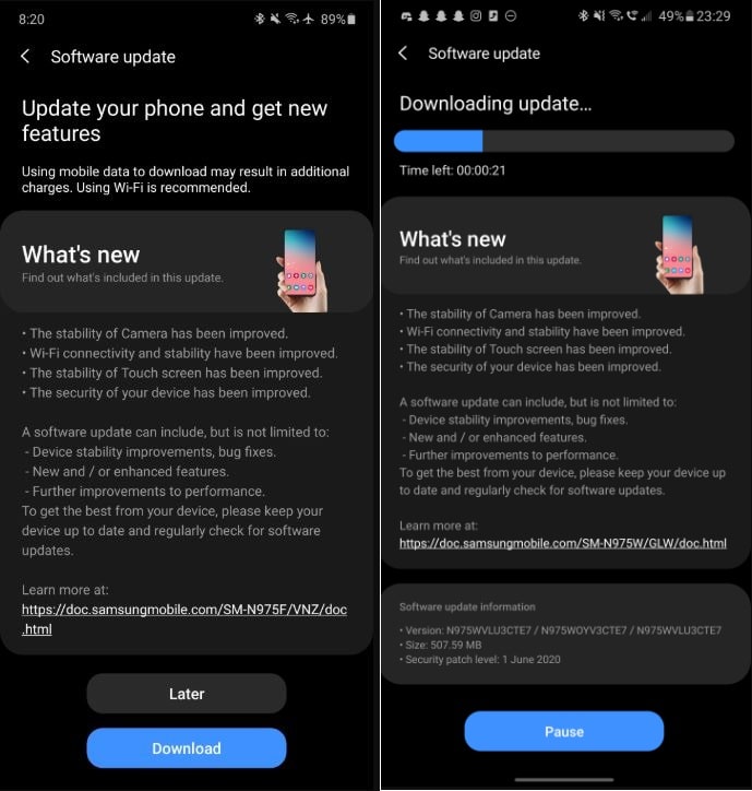 galaxy note 10 and note 10 plus june security update