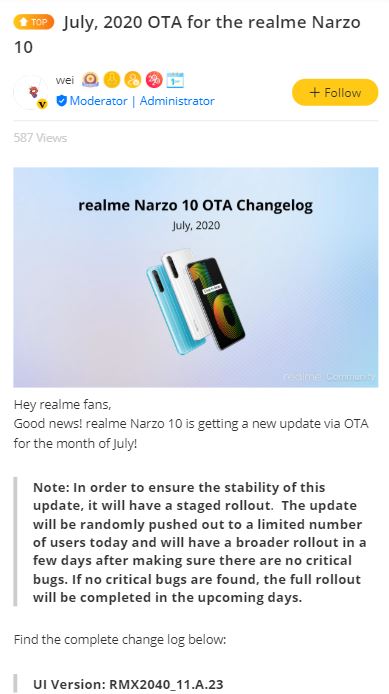 realme narzo 10 july security update
