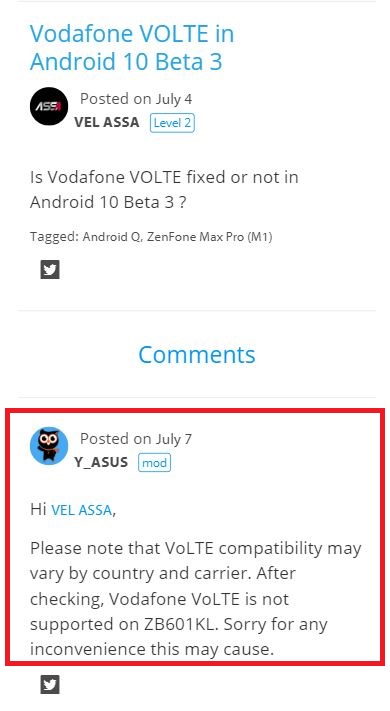 vodafone volte not supported in asus zenfone max pro m1 beta 3