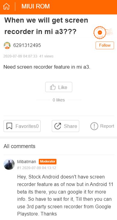xiaomi mi a3 screen recording android 11