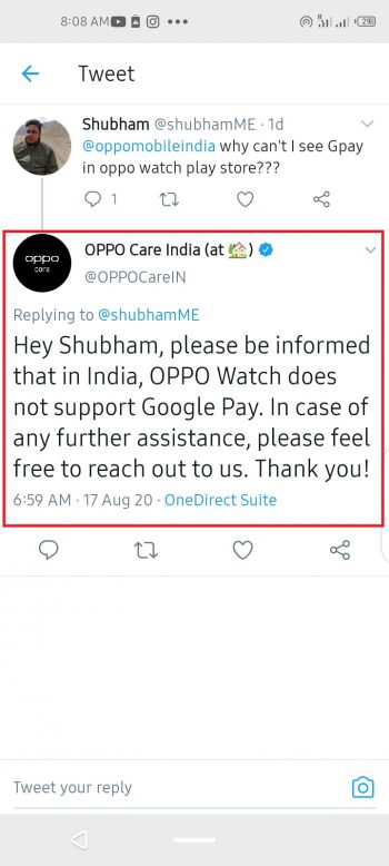 gpay not supported oppo watch