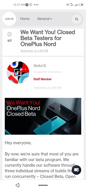 closed beta testers for Oneplus Nord