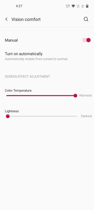 OnePlus visual comfort menu
