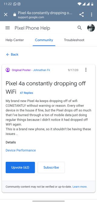 pixel 4a wi-fi dropping 