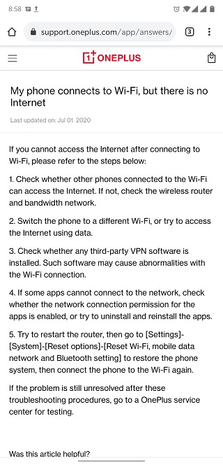 oneplus phone connected no internet
