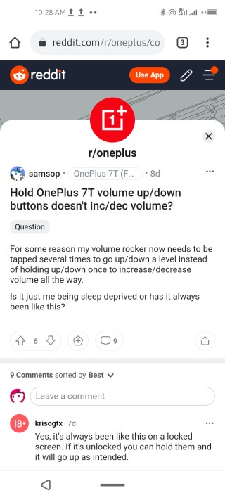 oneplus volume button long=press doesn't work