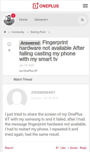 oneplus 8 fingerprint hardware unavailable
