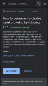 Google Chrome won't let users disable caret browsing key binding 'F7'