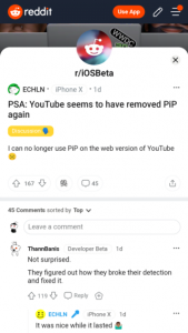 YouTube site picture-in-picture (PiP) reportedly not working again on iOS