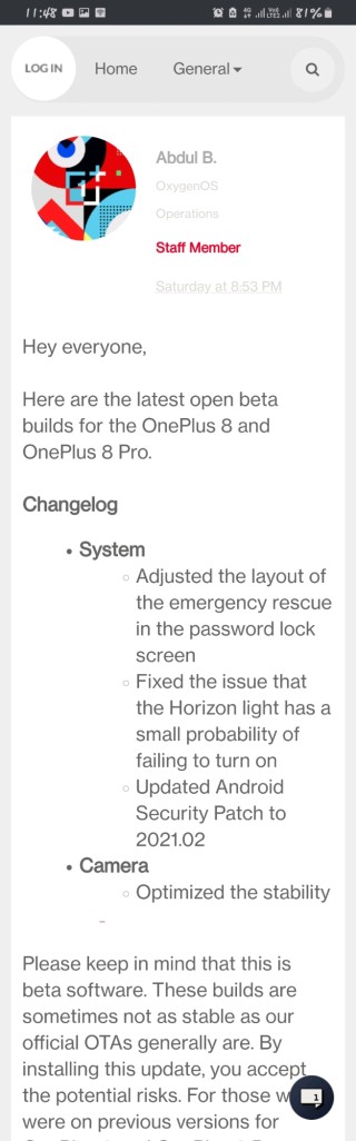 oneplus 8 open beta 7